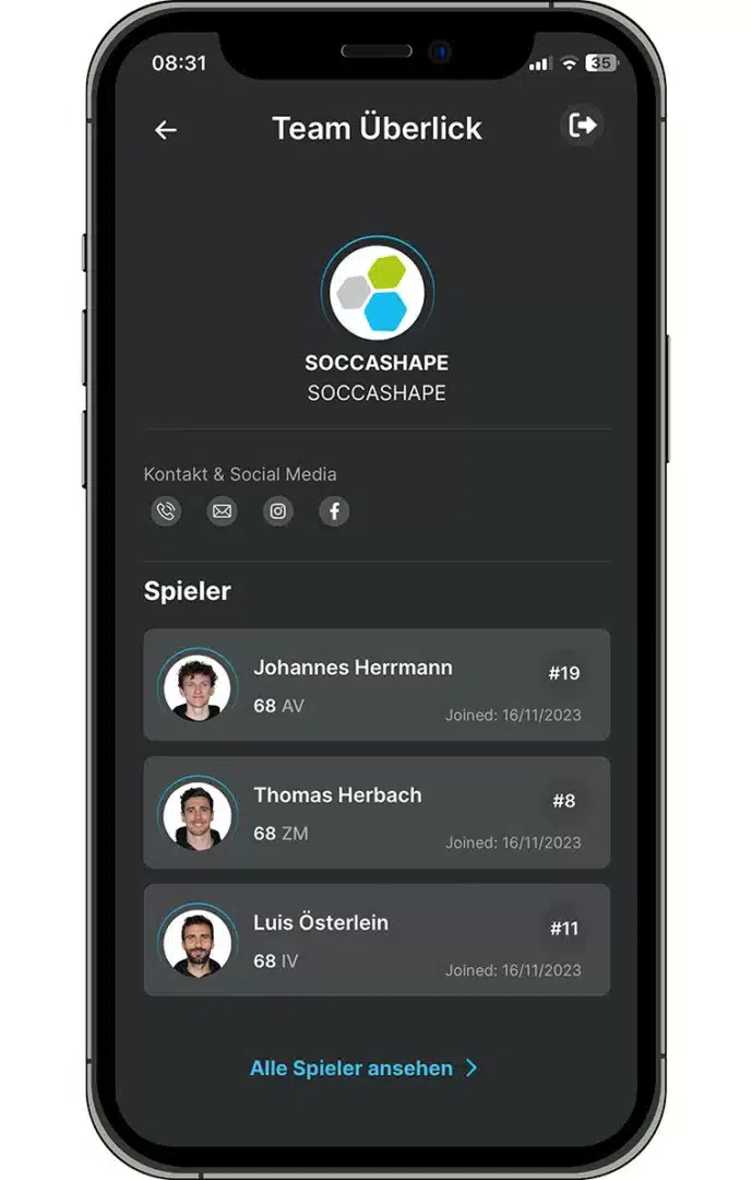 SOCCASHAPE App Bildschirm mit Daten  des Teams und Übersicht der Profile einzelner Spieler
