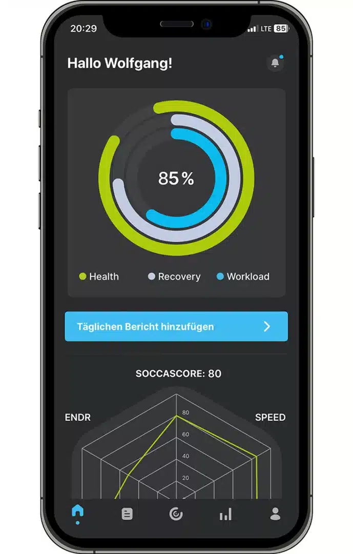 SOCCASHAPE App Home-Bildschirm mit Übersicht zu Daten des Workload Monitors 