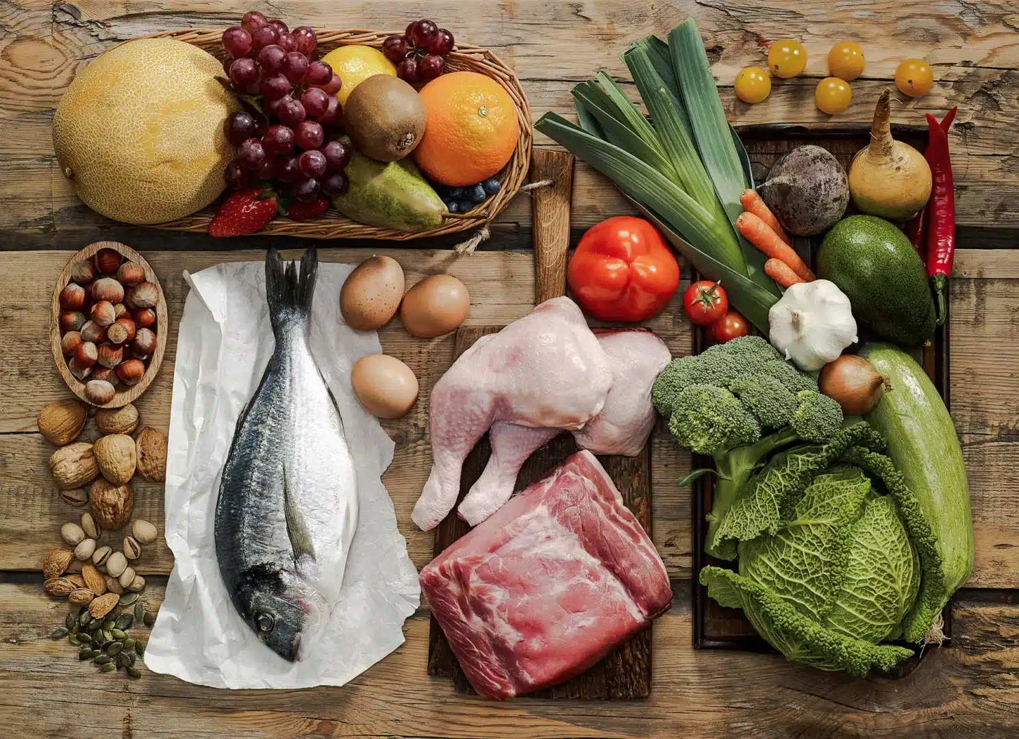 Auf einem Holztisch liegen verschiedene Lebensmittel von Gemüse, Obst bis Fisch und Fleisch.